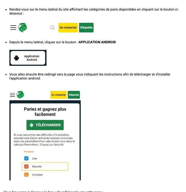 Écran de l'application Sunubet sur un téléphone Android