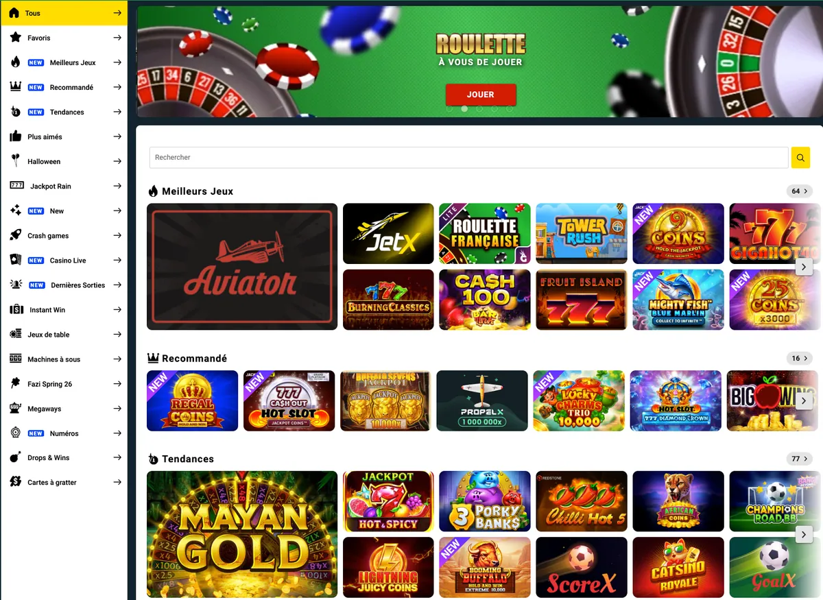 Lobby du casino Sunubet avec Aviator, JetX, Mayan Gold et les catégories de jeux à gauche