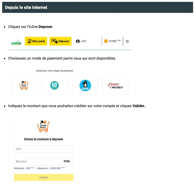 Page de dépôt de la caisse Sunubet avec les moyens de paiement