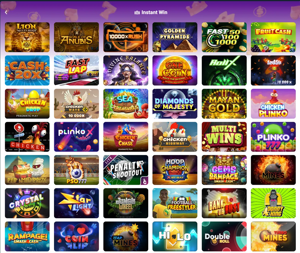 Catégorie Instant Win du casino Sunubet avec des jeux à résultat immédiat