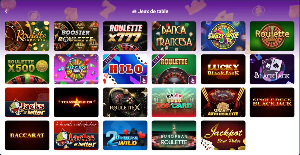 Catégorie Jeux de table de Sunubet avec roulette, blackjack et baccarat automatiques