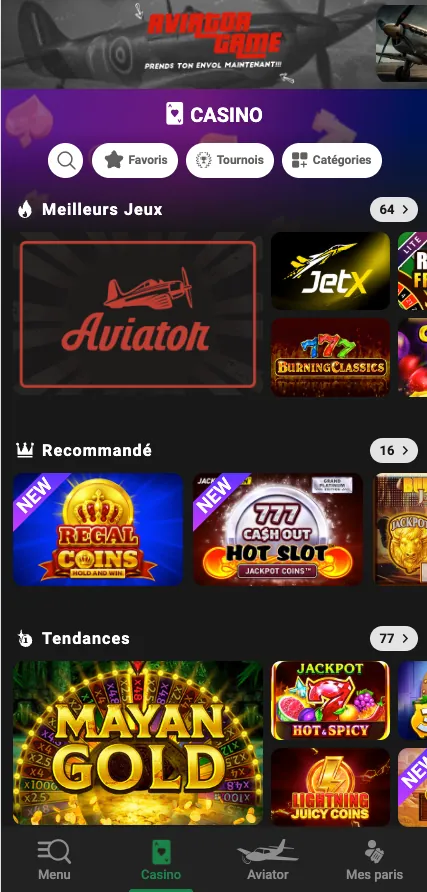 Section casino de Sunubet sur mobile avec Aviator, les jeux populaires et les catégories