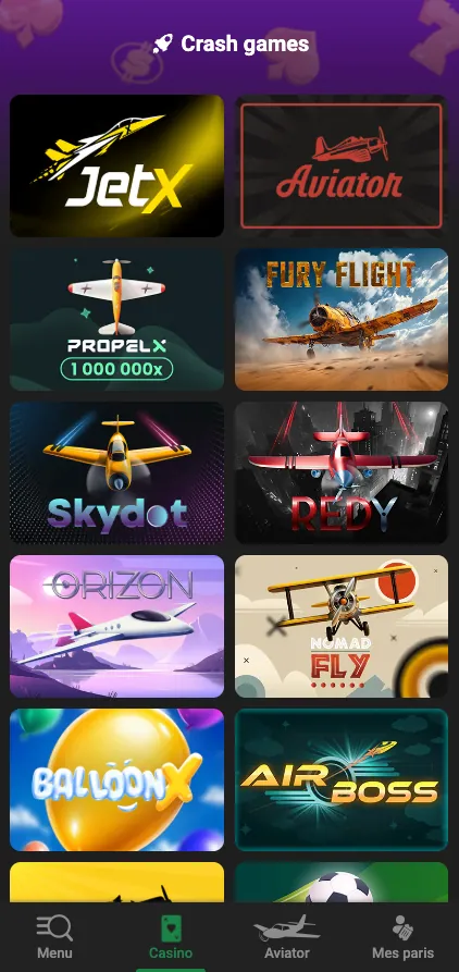 Jeux crash de Sunubet sur mobile avec JetX, Aviator, Fury Flight et Skydot