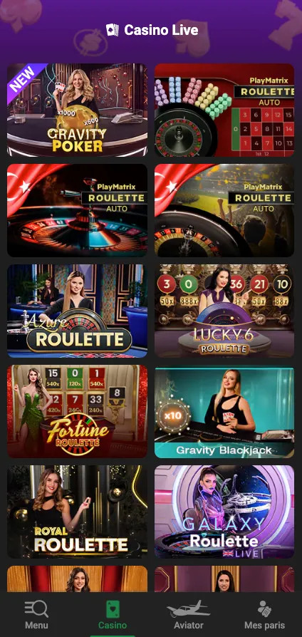 Casino live de Sunubet sur mobile avec la roulette, le blackjack et les jeux télévisés