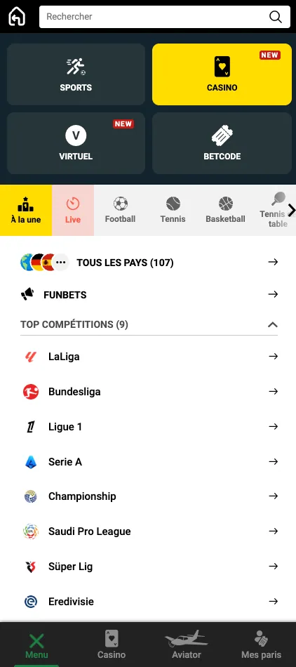 Menu mobile de Sunubet avec les rubriques Sports, Casino, Virtuel et Betcode