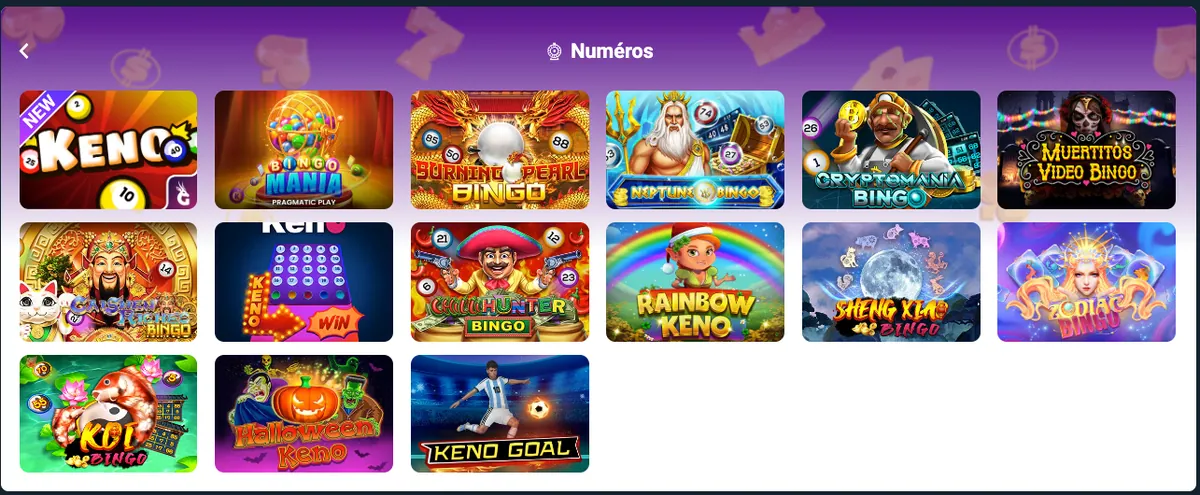 Catégorie Numéros du casino Sunubet avec keno et jeux de tirage