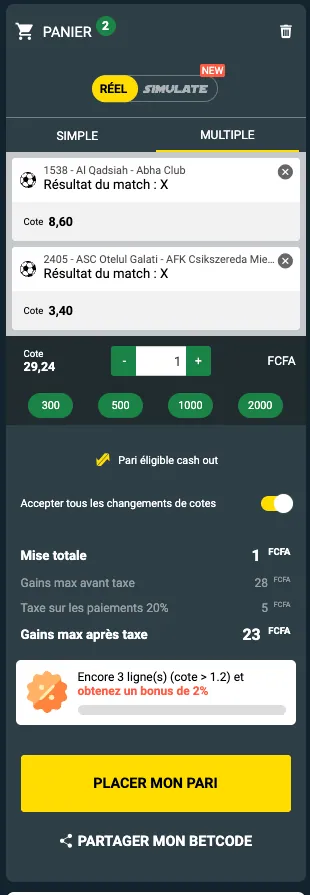 Coupon de paris Sunubet avec sélections, mise et gain potentiel