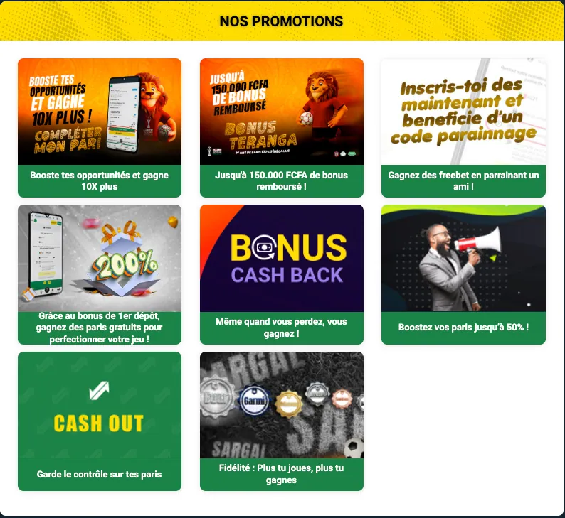 Rubrique promotions de Sunubet avec les bannières d'offres