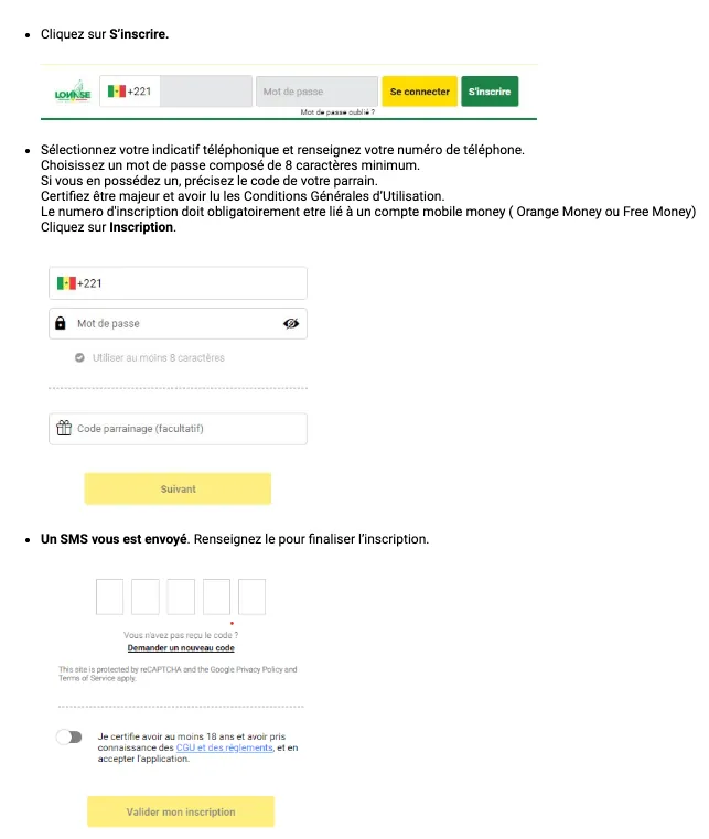 Formulaire complet d'inscription Sunubet