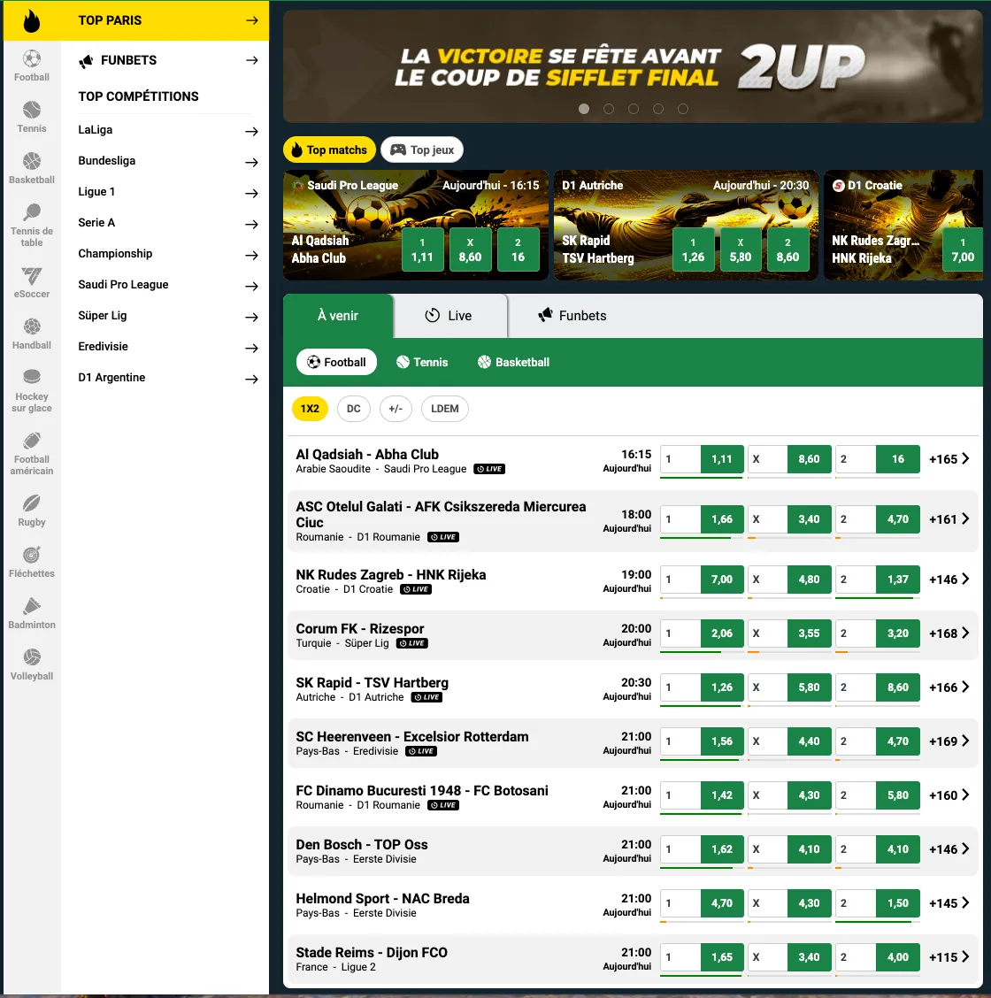 Menu Sport de Sunubet avec la liste des disciplines et des compétitions
