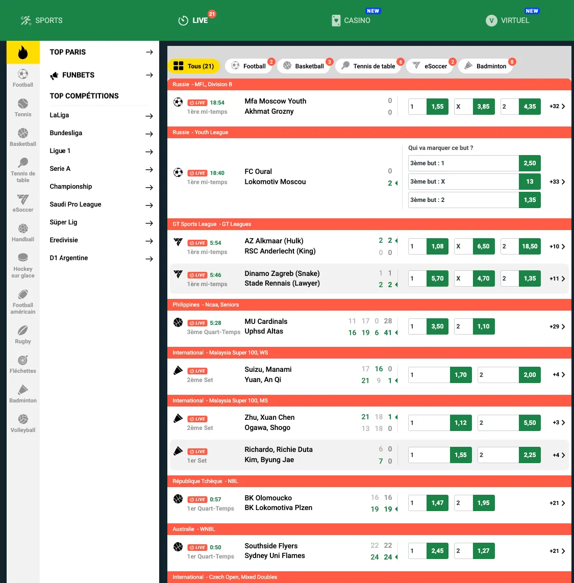 Section Live de Sunubet avec les matchs en cours et leurs cotes