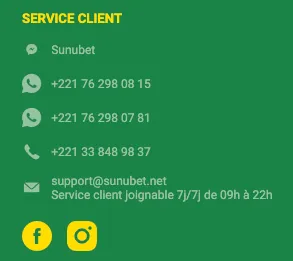 Section contact et support du site Sunubet