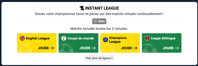 Instant League de Sunubet avec les championnats virtuels English League, Coupe du monde et Champions League